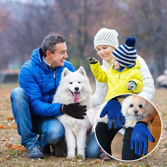 gant de toilettage - chien blanc avec sa famille