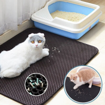 tapis chat litiÃ¨re - chat blanc allongÃ© sur le tapis de litiÃ¨re noir