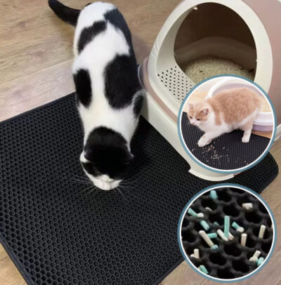 tapis chat litiÃ¨re - chat marche sur le tapis de litiÃ¨re noir avec des granulÃ©s