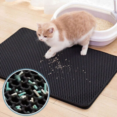 tapis chat litiÃ¨re - chat marche sur le tapis de litiÃ¨re noir rempli de granulÃ©s