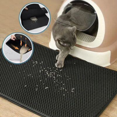 tapis chat litiÃ¨re - chat sort du bac Ã  litiÃ¨re et met la patte sur le tapis de litiÃ¨re noir plein de granulÃ©s