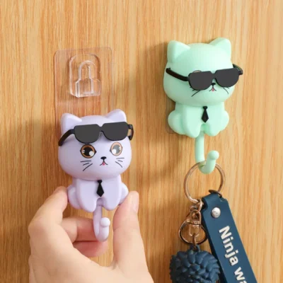 porte manteau mural chat cartoon - couleur mauve et verte